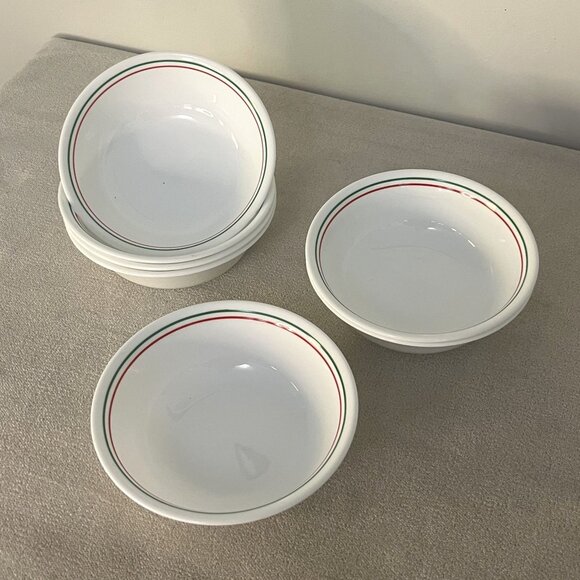 Corelle Set Of 7 White Bowl Dishware With Red & Green Stripe Rim - Picture 1 of 4